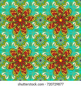 Floral seamless pattern with watercolor hand drawn elements. Bright colorful fantasy flowers, leaves, buds on blue, green and yellow colors with blue, green and yellow.