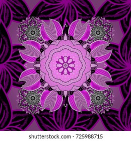 Floral seamless pattern with watercolor hand drawn elements. Bright colorful fantasy flowers, leaves, buds on black, magenta and violet colors with black, magenta and violet.