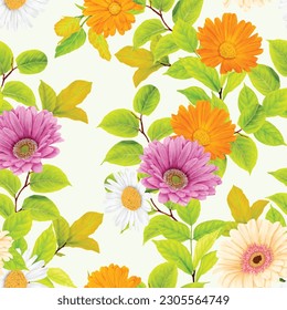 floral seamless pattern with watercolor floral and leaves