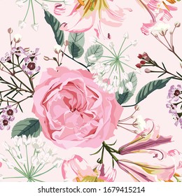 Floral seamless pattern with watercolor style pink roses and lilies with blooming herbs. Background with bouquets of hand-drawn  flowers with leaves.