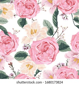 Floral seamless pattern with watercolor style pink roses and fluffy tulips. Background with bouquets of hand-drawn  flowers with leaves.