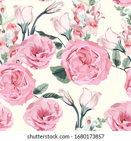 Floral seamless pattern with watercolor style pink roses and many kind blooming garden flowers. Background with bouquets of hand-drawn  flowers with leaves.