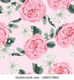 Floral seamless pattern with watercolor style pink roses and  blooming white herbs. Background with bouquets of hand-drawn  flowers with leaves.