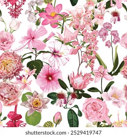 Floral seamless pattern with watercolor style pink roses and many kind blooming garden, tropical flowers. Background with bouquets of hand-drawn  flowers with leaves.