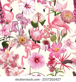 Floral seamless pattern with watercolor style pink roses and many kind blooming garden, tropical flowers. Background with bouquets of hand-drawn  flowers with leaves.