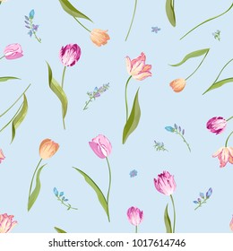 Floral Seamless Pattern with Watercolor Tulips. Spring Background with Blossom Flowers for Fabric, Wallpaper, Posters, Banners. Vector illustration