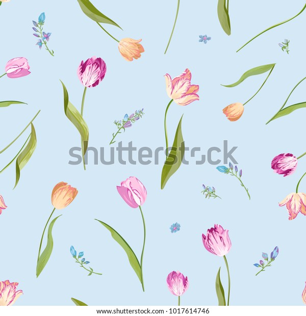 水彩チューリップ付き花柄のシームレスな模様 春の背景に花と布 壁紙 ポスター バナー ベクターイラスト のベクター画像素材 ロイヤリティフリー