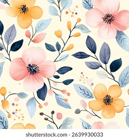 Floral seamless pattern in watercolor. Vintage flowers and botanical elements in watercolor. Background with floral motifs. Vector illustration.