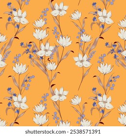 Floral seamless pattern with watercolor white peonies, anemones and apple blossom
