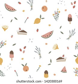 Floral seamless pattern with watermelon, lemons, strawberries, lavender and popsicles. Summer textile, fabric design with fruit and flowers. Hand drawn vector illustration background, flat design.