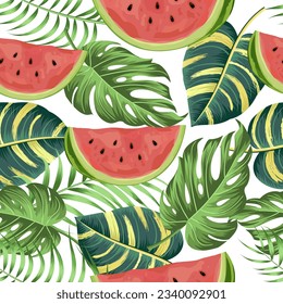 Floral seamless pattern with watermelon. tropical background