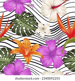 Floral seamless pattern with wavy lined shapes. tropical background	