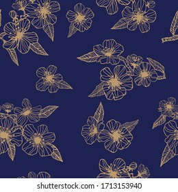 Floral tarjeta de boda sin fisuras con flores de manzano. Hojas azules y doradas y brunch. Vector vintage de lujo.