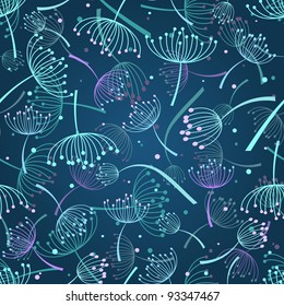 Floral seamless pattern  with weeds in shape on jellyfish on dark emerald background