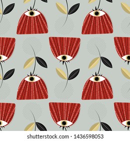 Floral seamless pattern with whimsical red flowers