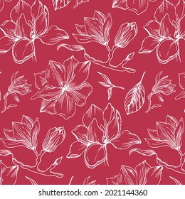 Floral seamless pattern with white Anice magnolia flowers, leaves on pink background. Vintage theme outline spring flowers for fabric, prints, greeting cards.