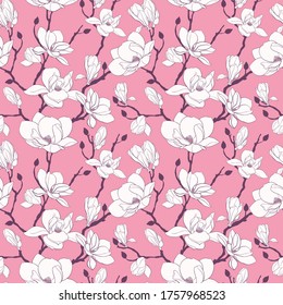 Floral seamless pattern with white Anise magnolia flowers, leaves and branches on pink background. Vintage vector ornament template for fabric, prints, greeting cards, packaging paper, textile.