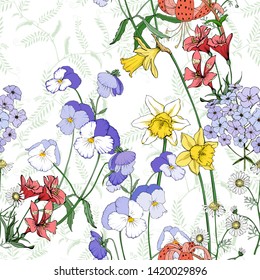 Floral seamless pattern white background for fabric. Vector drawing.