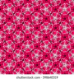 Floral seamless pattern. White and black  flowers and circles on a magenta background, hand drawn, vector.