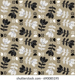 Floral seamless pattern with white and black hand drawn flowers on beige background for wrapping paper and textile designs