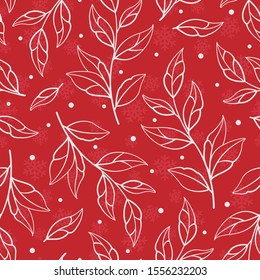 Floral seamless pattern with white branches and leaves on red background with snowflakes; winter design 