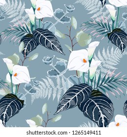 Floral Seamless Pattern with white callas lilies flowers. Spring blooming for fabric, prints, wedding decoration, invitation, wallpapers. Vintage blue background.