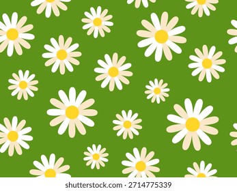 Patrón floral sin fisuras con flores de dibujos animados blancos y centros amarillos sobre un fondo verde. Diseño botánico repetitivo con flores planas, perfecto para estampados de tela, Fondos de pantalla y primavera.