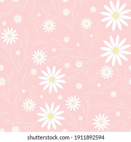 Floral seamless pattern. White  chamomile or daisies on a pink background. Endless pattern for textiles and fabrics, wrapping paper, packaging. Vector image. Flat style.