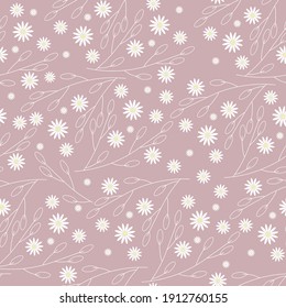 
Floral seamless pattern. White chamomile or daisies on a beige background. Endless patterns for textiles and fabrics, wrapping paper, packaging. Vector image. Flat style.