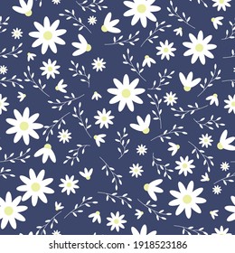 Floral seamless pattern. White chamomile or daisy on a dark blue background. Endless patterns for textiles and fabrics, wrapping paper, packaging. Vector image. Flat style