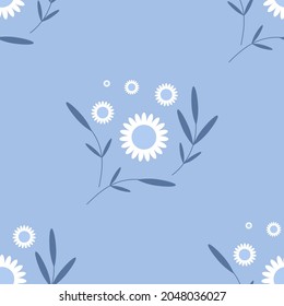 Floral seamless pattern. White chamomile or daisies on a blue background. Endless baby pattern for textiles and fabrics, wrapping paper, packaging, ornament for bed linen. Vector illustration