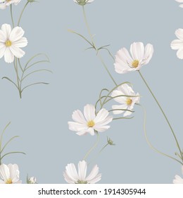 Floral seamless pattern, white cosmos flowers with green leaves on blue