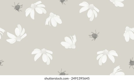 Floral seamless pattern, white Cutleaf coneflower on brown background