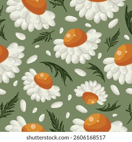 floral seamless pattern with white daisies with yellow centers, green leaves and white petals on a green background, for various packaging or textiles or holiday cards