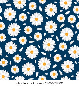 Floral Seamless Pattern. White Daisy or Chamomile (Camomile) Flower. Cute Flowers and Petals Vector Background