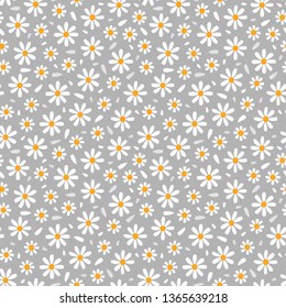 Floral Seamless Pattern. White Daisy or Chamomile (Camomile) Flower. Cute Flowers and Petals Vector Background