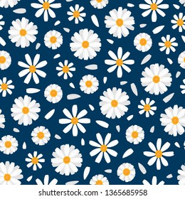 Floral Seamless Pattern. White Daisy or Chamomile (Camomile) Flower. Cute Flowers and Petals Vector Background