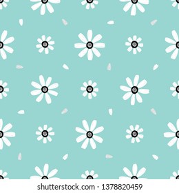 Floral Seamless Pattern. White Daisy or Chamomile (Camomile) Flower. Cute Flowers and Petals Vector Background