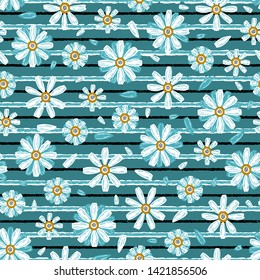 Floral Seamless Pattern. White Daisy or Chamomile (Camomile) Flower. Cute Flowers and Petals Vector Striped Background