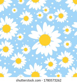 Floral seamless pattern with white daisy flower on a blue background vector illustration. Flat design.