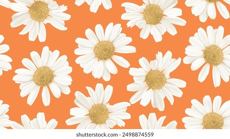 Floral seamless pattern, white daisy flowers on orange background