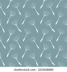 Floral seamless pattern with white dandelion seeds on blue background. For textile, wallpapers, gift wrap. Isolated vector.