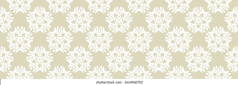 Floral seamless pattern. White design on long olive green background. Vector illustration