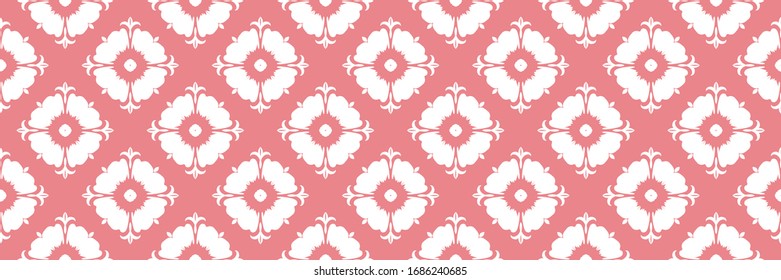  Nahtloses Muster ohne Blumen. Weißes Design auf lange rosafarbenem Hintergrund. Vektorillustration