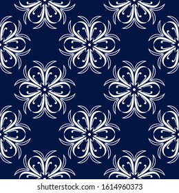 Floral seamless pattern. White flower decorations on dark blue background. Vector illustration