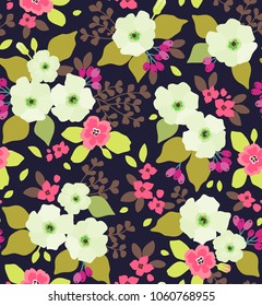 Floral seamless pattern with white flowers in vintage style. Surface design of modern flowers and leaves on a dark blue background. A bouquet of spring flowers for fashion prints. Trendy fond.