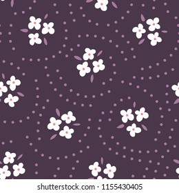 Floral seamless pattern with white flowers on purple background. Repeated backdrop, textile texture. Dark abstract nature wallpaper.