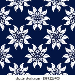 Floral seamless pattern. White flowers on dark blue background. Vector illustration