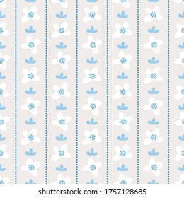Floral seamless pattern with white flowers, leaves and stripes on beige background. Perfect for wallpaper, gift paper, spring and summer greeting cards.