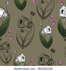 Floral seamless pattern with white flowers and flowers in the style of doodles. Vector illustration.